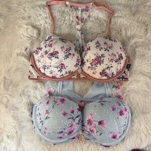 Pink By Victorias Secret Floral Lace Racerback Push-Up Bras Set Of 2 Sz 32D